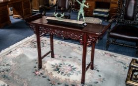 Chinese Alter Table in Cherry wood, with carved dragon frieze, measures 33'' high x 49'' wide x 16''
