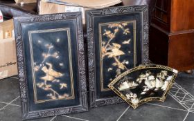 Two Chinese Black Lacquered Wall Plaques with inlaid decoration birds on branches, 29 x 18 inches.