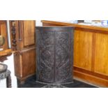 George III Oak Bow Fronted Corner Cupboard, later carved floral decoration, with three fixed