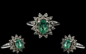 18ct Gold Attractive Emerald and Diamond Set Cluster Ring, Flower head Design. Marked 18ct to
