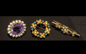 Victorian Period 1837 - 1901 A Fine Trio of 9ct Gold Stone Set Brooches. Comprises 1/ A Small