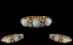 Antique Period Style and Attractive 9ct Gold - 3 Stone Opal and Diamond Set Ring. Gallery Setting.