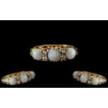 Antique Period Style and Attractive 9ct Gold - 3 Stone Opal and Diamond Set Ring. Gallery Setting.