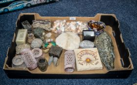 Box of Stone & Shell Items, including candle holders, collectible stones, polished stones, shells,