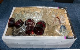 Large Box of Assorted Glassware, including 13 champagne flutes, 6 large and 6 smaller wine glasses,