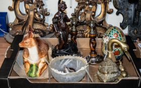 A Mixed Lot to include a pair of barley twist candlesticks, a brass swan figure a figural lamp, a