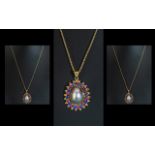 14ct Yellow Gold - Attractive Sapphires and Rubies Set Ornate Oval Shaped Pendant Drop with gold