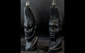 A Pair of Decorative Table Lamps in the form of African Tribal Stylised Heads both measuring 19