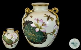 Royal Worcester Aesthetic Vase, with three coiled serpent applied handles,