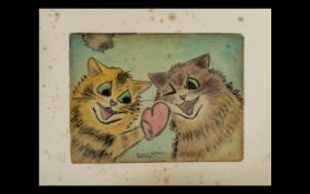 Louis Wain 1860-1939 'Cat Fight' original watercolour and pencil on paper, signed Louis Wain,
