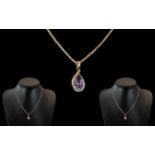 Ladies 9ct Gold Attractive Amethyst Set Pendant Drop with Attached 9ct Gold Box Chain.