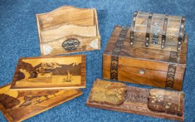 Box of Assorted Wooden Items, including a wood and metal letter rack, two Oriental wall hangings,
