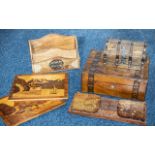 Box of Assorted Wooden Items, including a wood and metal letter rack, two Oriental wall hangings,