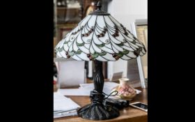 Tiffany Style Decorative Table Lamp, with white shade decorated with glass balls and green glass,
