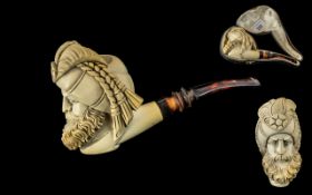 Antique Period Superb Quality Meerschaum Pipe with Amber Mouth Piece. The Bowl In The Form of a
