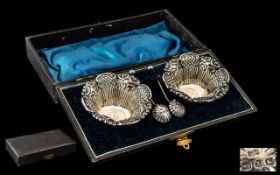 Victorian Period 1837 - 1901 Boxed Set of Sterling Silver Ornate Salts and Spoons of Pleasing