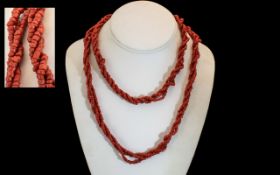 Mid Century Coral Necklace. Very Long Coral Necklace of Natural Form, Lovely Colour and Design. 38
