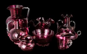 A Good Collection of Victorian Period Cranberry Glass Items ( 8 ) In Total. Various Sizes and