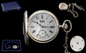 Bernex - Millennium Sterling Silver Demi-Hunter Pocket Watch and Attached Sterling Silver Albert