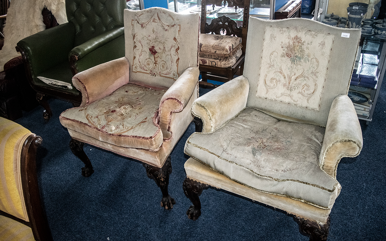 Pair of Antique Upholstered Armchairs, mahogany frames with carved cabriole legs and ball and claw