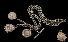 Antique Period Sterling Silver Albert Chain with Attached Pair of Silver Medals,