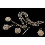 Antique Period Sterling Silver Albert Chain with Attached Pair of Silver Medals,