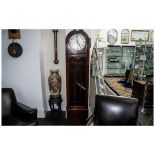 1920s Mahogany Long Case Clock, silvered dial with Arabic numerals, triple weighs, raised front,