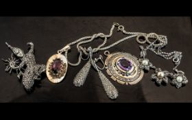 Small Mixed Lot of Jewellery, to include a Marcasite Tibetan style brooch, pair of Marcasite drop