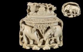 Antique Indian Stunning Carved Ivory Lidded Box From the Late 19th Century,