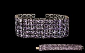 Ladies 1970's - Superb Sterling Silver - A Statement Wide Band Amethyst Set Bracelet.