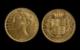 Queen Victoria 22ct Gold - Shield Back Young Head Full Sovereign - Date 1853. London Mint /