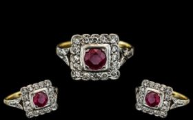 Art Deco Period 18ct Gold and Platinum Ruby and Diamond Set Ring, Marked to Interior of Shank. The