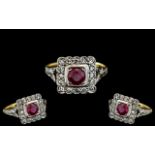 Art Deco Period 18ct Gold and Platinum Ruby and Diamond Set Ring, Marked to Interior of Shank. The