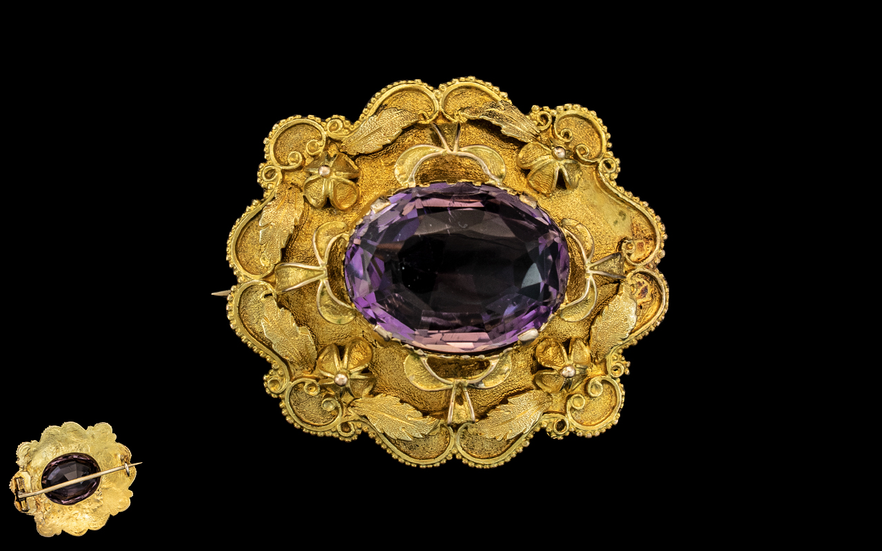 Victorian Period - Excellent Quality 9ct Gold Ornate Amethyst set Brooch. c.1880.