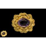 Victorian Period - Excellent Quality 9ct Gold Ornate Amethyst set Brooch. c.1880.