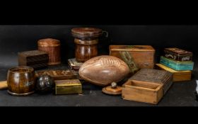 Collection of Wooden Boxes & Items, including cigar boxes, lidded pots, wooden rugby ball,