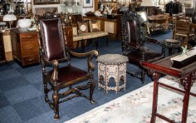 Pair Early 20'' Century Carved Oak Ceremonial Chairs. Barley twist and turn supports, one with a