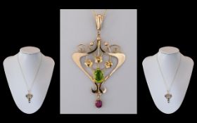 Victorian Period 1837 - 1901 Stunning 9ct Gold Peridot and Garnet Set Pendant Drop with Attached