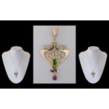 Victorian Period 1837 - 1901 Stunning 9ct Gold Peridot and Garnet Set Pendant Drop with Attached