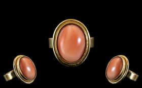 9ct Gold - Heavy and Good Quality Single Stone Coral Set Ring, Full Hallmark to Interior of Shank.