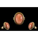 9ct Gold - Heavy and Good Quality Single Stone Coral Set Ring, Full Hallmark to Interior of Shank.