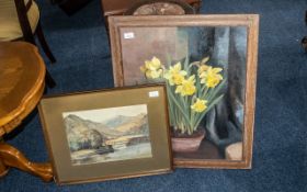 Early 20th Century Large Oil on Board, marked D T Cross, depicting Daffodils.