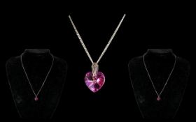 Large Heart Shaped Pink Stone Suspended on Silver Chain. Lovely 3 ct Heart Shaped Stone, Suspended