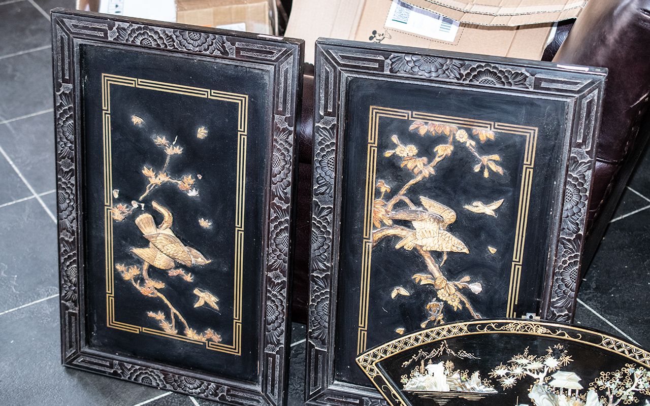 Two Chinese Black Lacquered Wall Plaques with inlaid decoration birds on branches, 29 x 18 inches. - Image 3 of 3