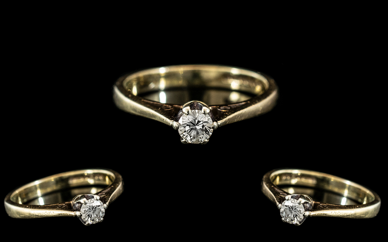 Ladies - Nice Quality 9ct Gold Single Stone Diamond Set Ring. Full Hallmark to Interior of Shank.