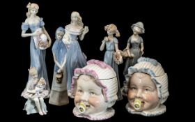 Collection of Porcelain, comprising two lidded pots in the form of baby's heads, a boy and girl,