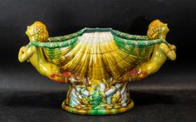 Majolica Style Centrepiece, in the form of a large shell with a mermaid at either end.