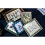 Collection of Samplers & Silk Pictures comprising a sampler of animals 9" x 12", framed and glazed,