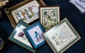 Collection of Samplers & Silk Pictures comprising a sampler of animals 9" x 12", framed and glazed,