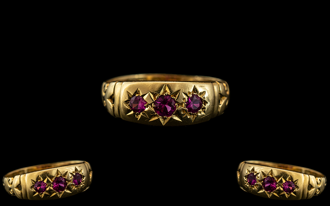 18ct Gold - Attractive and Exquisite 3 Stone Ruby Pave Set Ring. The Natural Rubies of a Pink -